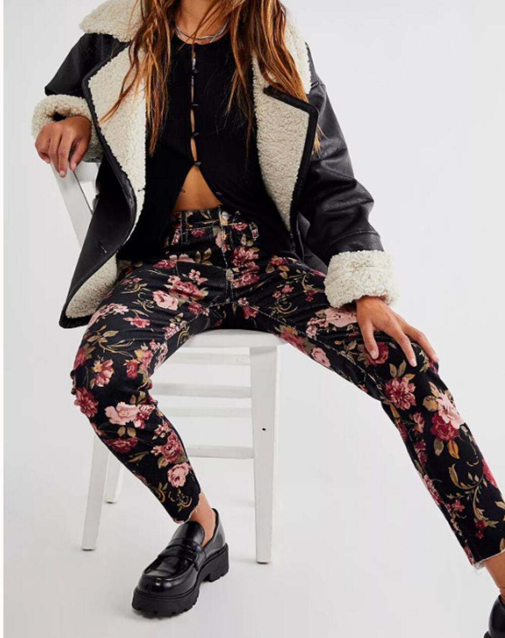 Driftwood Black Floral High-Rise Jackie Cord Skinny Jeans Size 27